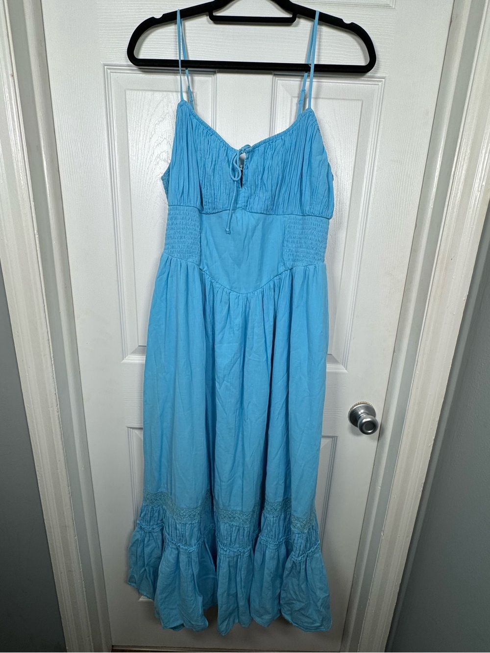 American Eagle Blue Smocked Lace Tiered Maxi Dress XL Boho Coastal